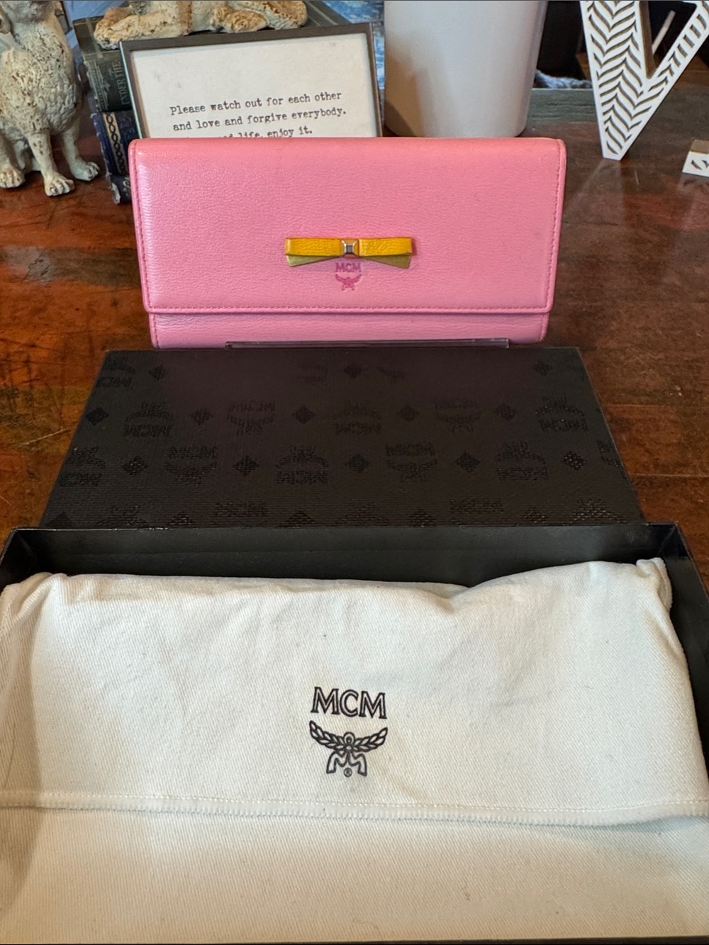 MCM Pink Leather Continental Wallet with Yellow Bow Accent